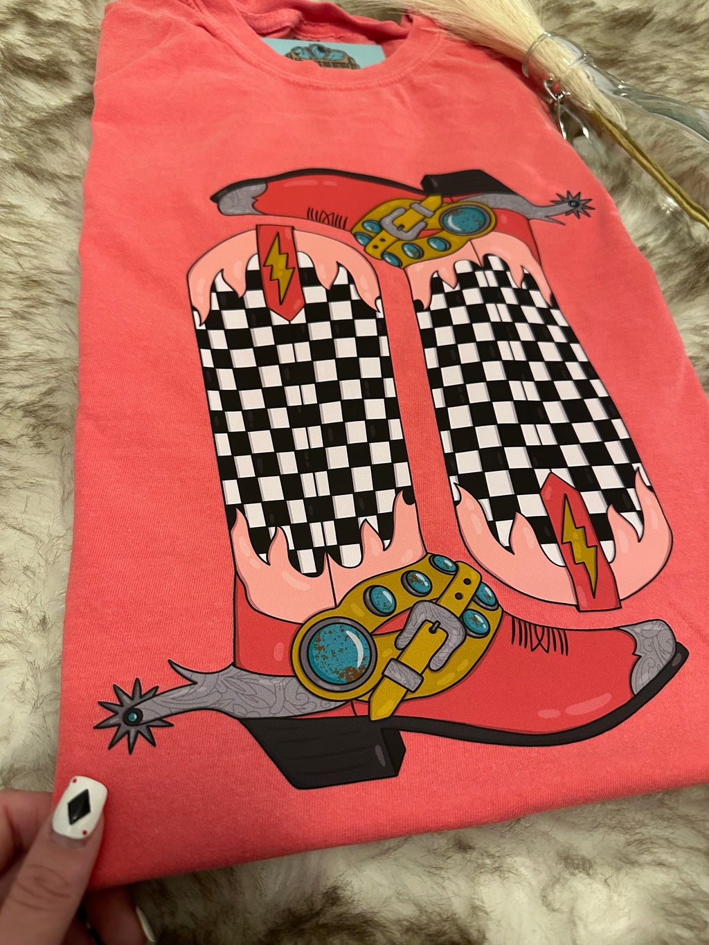 Pink Checkered Boots Tee - Comfort Colors